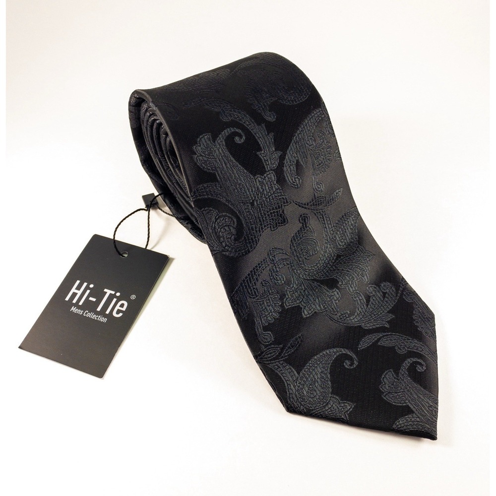 NWT Hi-Tie, Midnight Black Jacquard Paisley Silk Tie,  60" x 3.25"